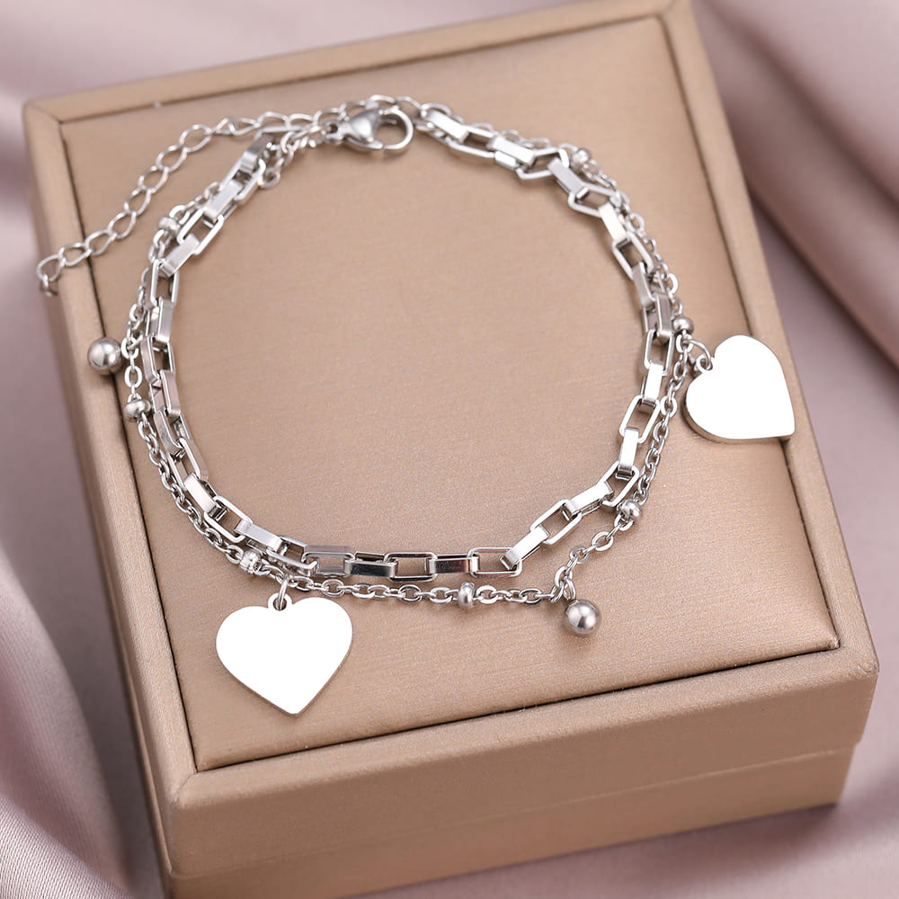 Pulseira Bracelete Feminino Coração Aço Inoxidável Prata - Vista Lateral - Lojas LA