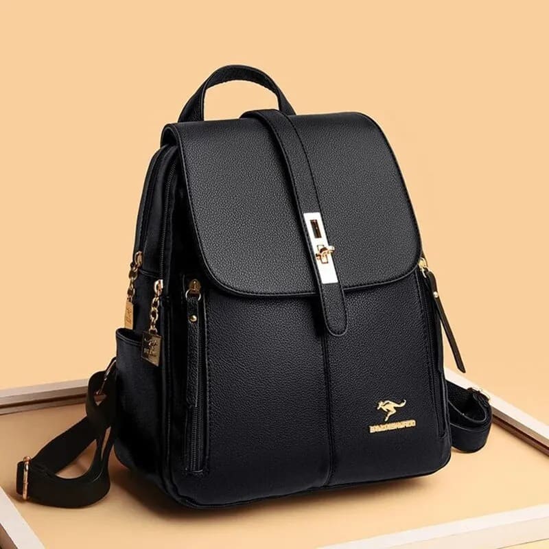 Mochila feminina couro luxury preta — compartimentos organizados