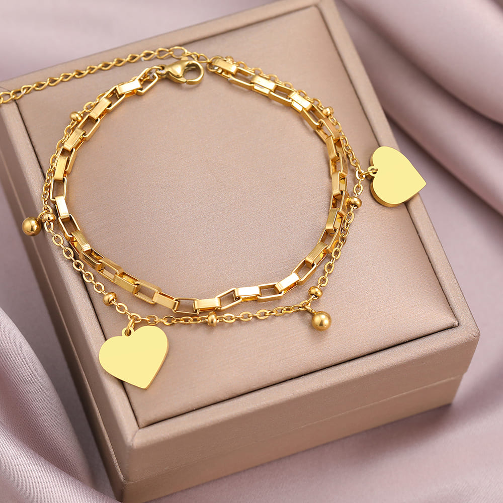Pulseira Bracelete Feminino Coração Aço Inoxidável Dourado - Vista Principal - Lojas LA