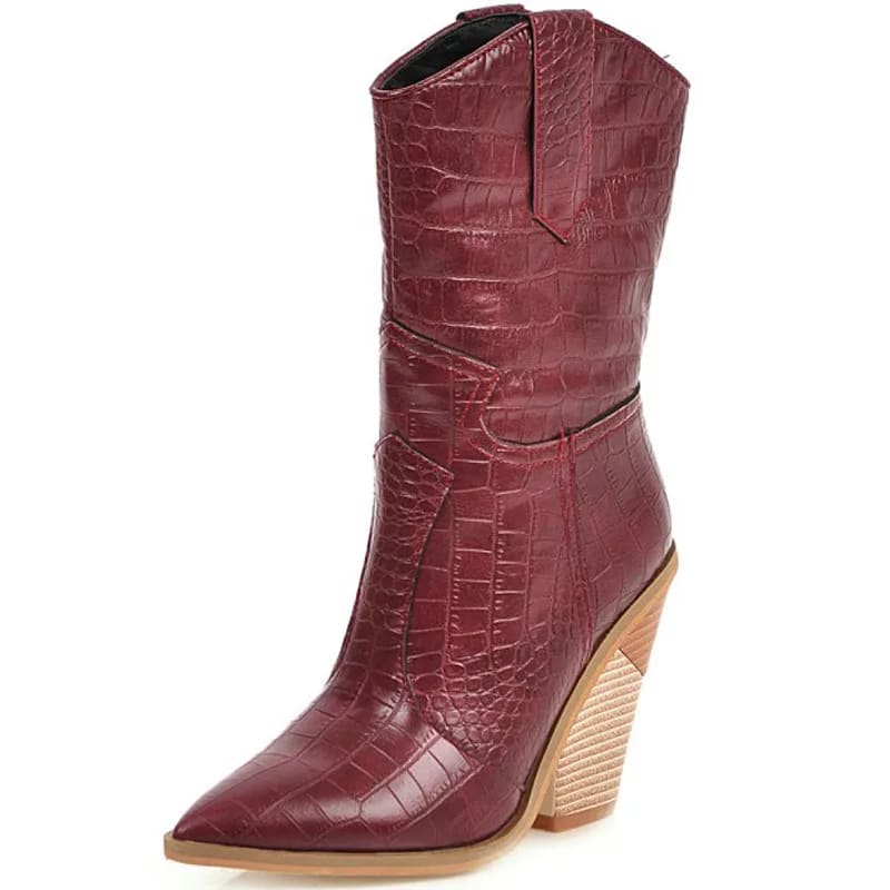 Bota de Couro Feminina Bico Fino Salto Alto Bloco - Vista Principal - Lojas LA
