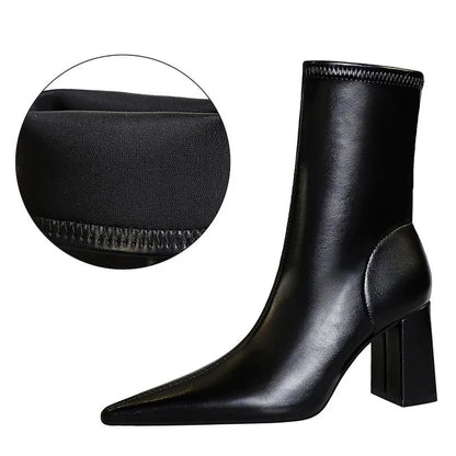 Bota Feminina Preta De Couro Salto Alto Bloco - Vista Lateral - Lojas LA