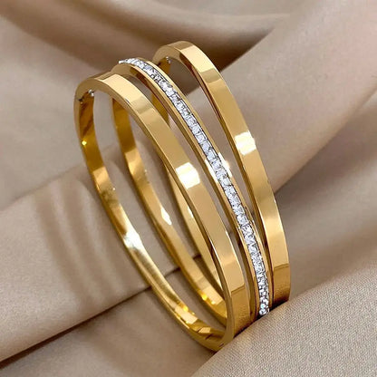 Pulseira Bracelete Feminino Dourado Glossy Aço Inoxidável Kit 3 Peças - Vista Principal - Lojas LA
