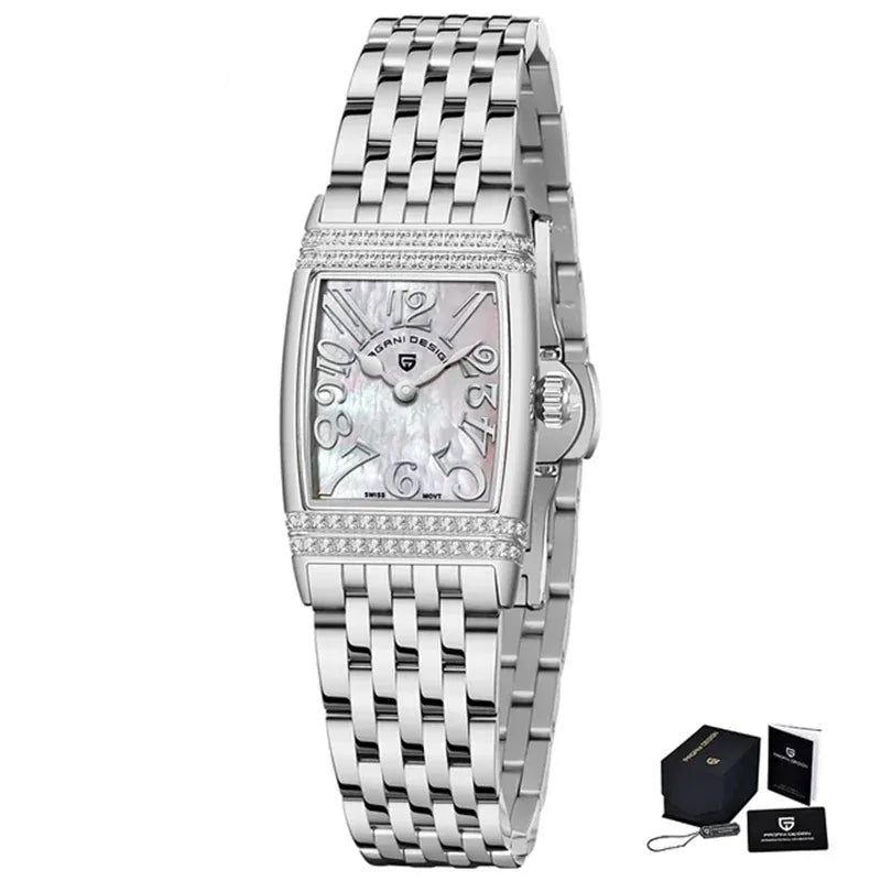 relógio de luxo feminino premium prata com mostrador branco sofisticado
