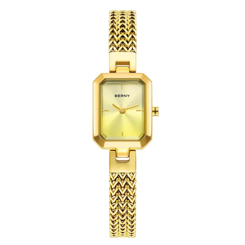 Relógio feminino dourado BERNY mini quadrado com pulseira de aço inox e acabamento de luxo
