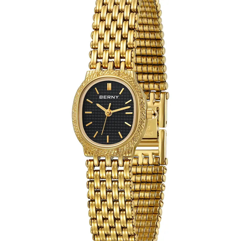 Relógio feminino dourado pequeno Berny oval com pulseira de aço inox
