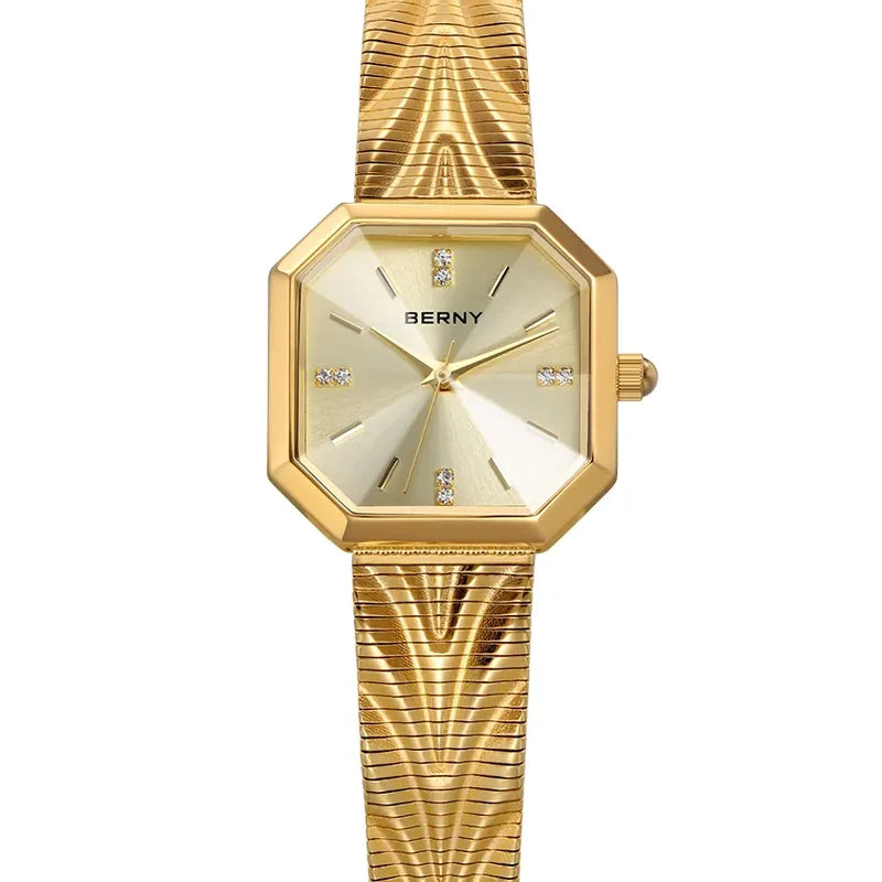 Relogio feminino dourado pequeno Champion com design octogonal em aço inox IP Gold
