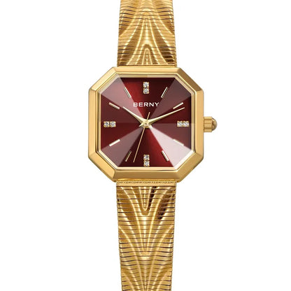 Relogio feminino dourado pequeno Champion luxo com mostrador vinho e acabamento premium
