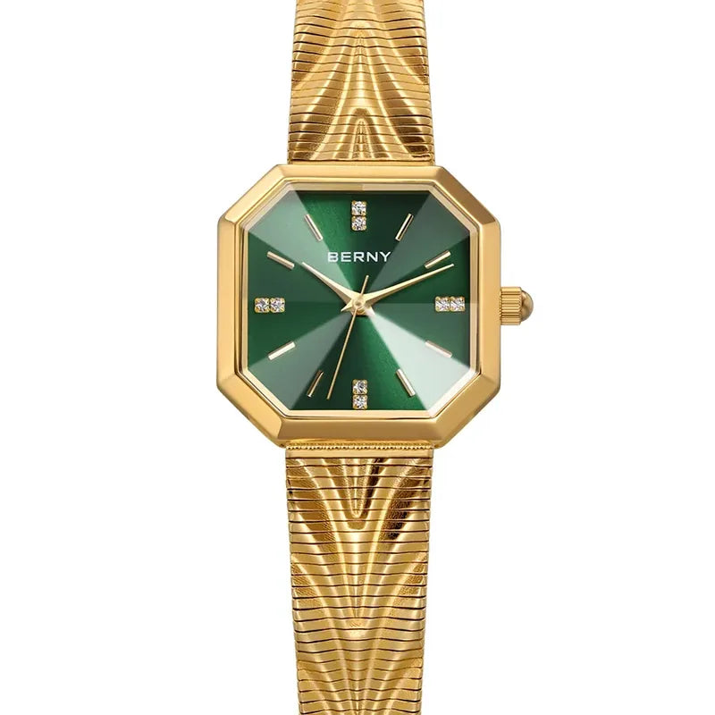 Relogio feminino dourado pequeno Champion moderno com mostrador verde elegante
