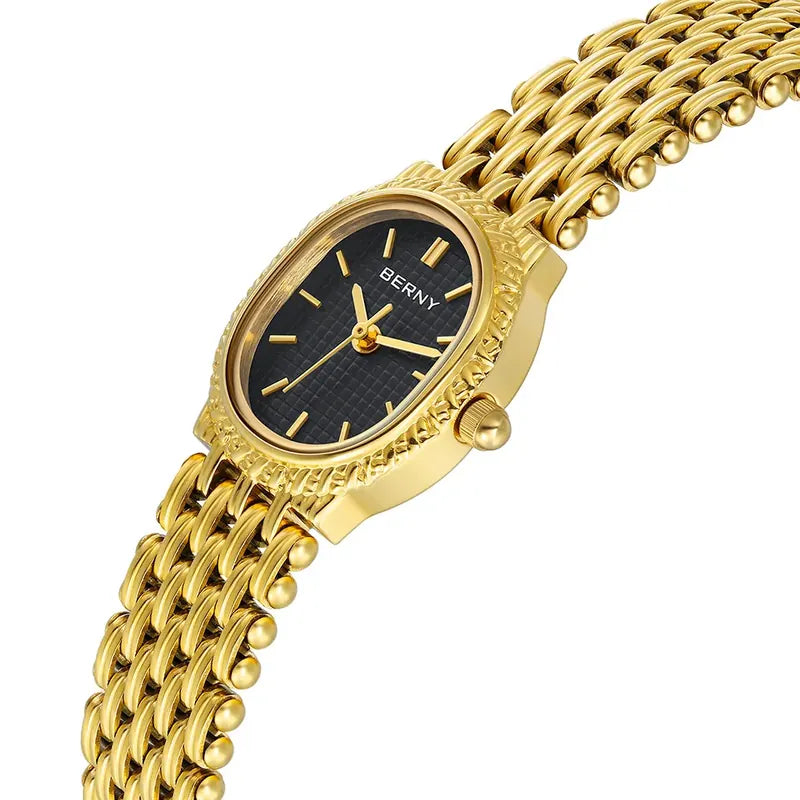 Relógio feminino dourado pequeno com mostrador preto elegante
