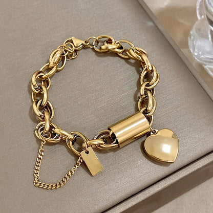 Pulseira Feminina Coração Cadeado Aço Inoxidável Banhado a Ouro - Vista Principal - Lojas LA