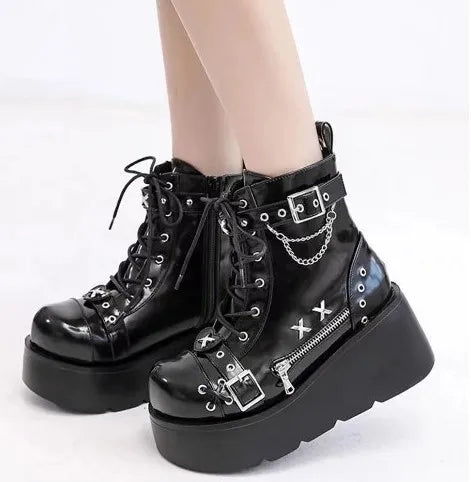 Bota Coturno Feminina Estilo Gótico Plataforma Salto Anabela Preta