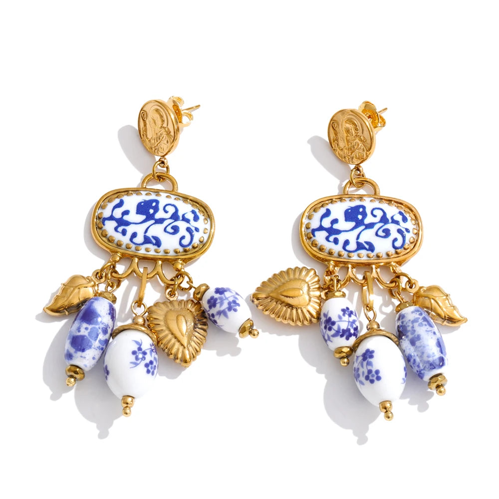 Brinco artesanal ceramica azul vintage estilo europeu