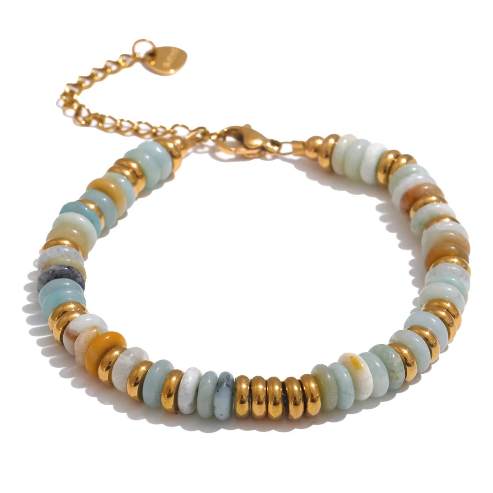 Pulseira Artesanal com Pedras Naturais Coloridas Aço Inoxidável
