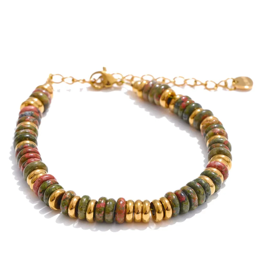 Pulseira Artesanal com Pedras Naturais Coloridas Aço Inoxidável