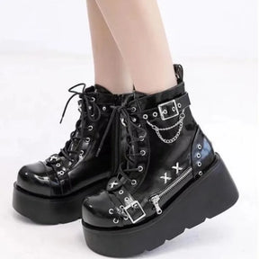 Bota Coturno Feminina Estilo Gotico Plataforma Salto Anabela Preta - Vista Principal - Lojas LA