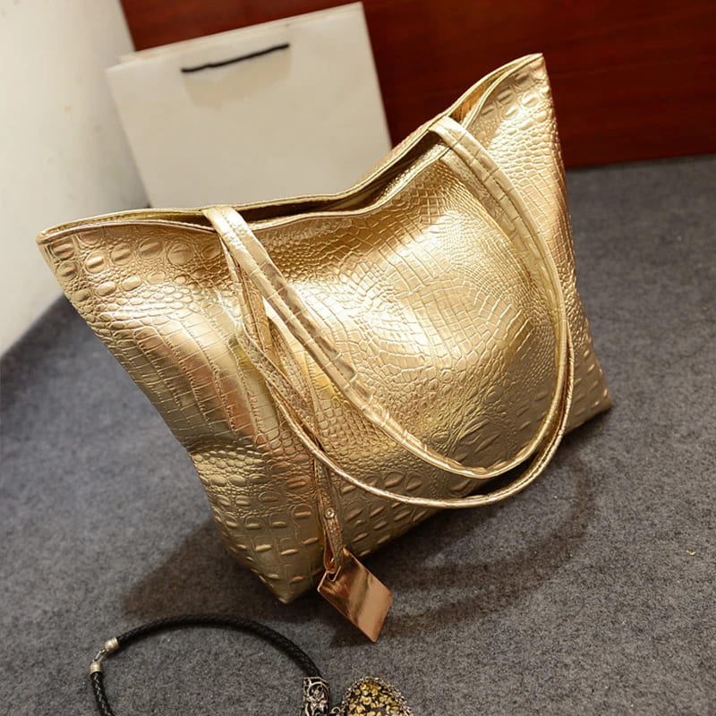 Bolsa de Couro Crocodilo Grande Capacidade - Versão Dourada - Lojas LA