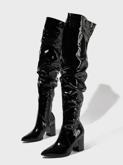 Bota Feminina Cano Alto Bico Fino Over the Knee - Vista Lateral Preta - Lojas LA