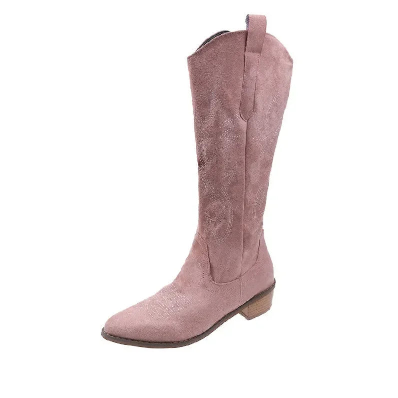 Bota Texana Feminina de Couro Salto Grosso Bordada - Versão Rosa Claro - Lojas LA