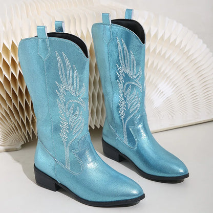 Bota Feminina Texana de Couro Cano Médio - Versão Azul Claro - Lojas LA