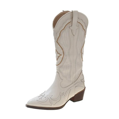 Bota Texana Feminina de Couro Impermeável Cano Médio com Salto Grosso - Versão Branca - Lojas LA