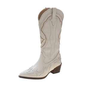 Bota Texana Feminina de Couro Impermeável Cano Médio com Salto Grosso - Versão Branca - Lojas LA