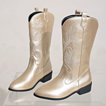 Bota Feminina Texana de Couro Cano Médio - Versão Dourada - Lojas LA