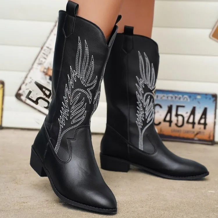 Bota Feminina Texana de Couro Cano Médio - Versão Preta - Lojas LA
