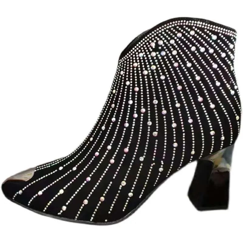 Bota Feminina Brilhante Cano Curto Salto Grosso - Vista Principal Preta - Lojas LA