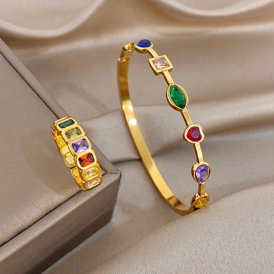 Pulseira Feminina Dourada Zircônia com Anel de Pedras - Vista Principal - Lojas LA