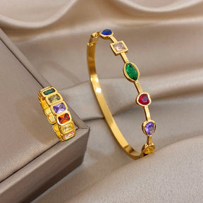 Pulseira Feminina Dourada Zircônia com Anel de Pedras - Vista Principal - Lojas LA
