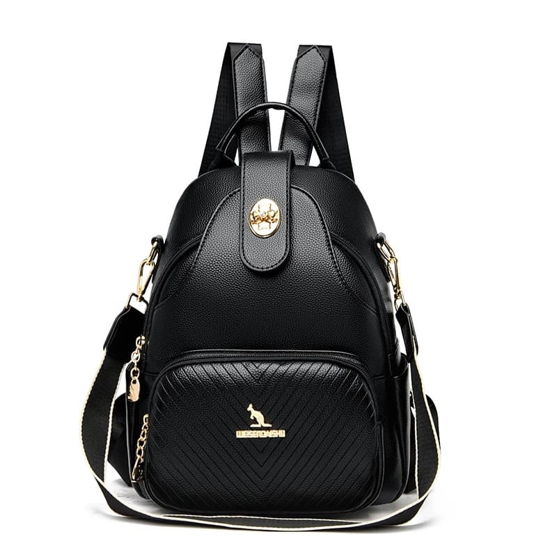 Mochila feminina couro grande capacidade — vista lateral elegante