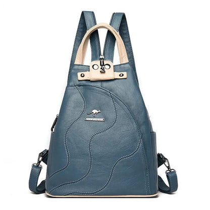 Detalhe alça mochila feminina couro vintage grande capacidade