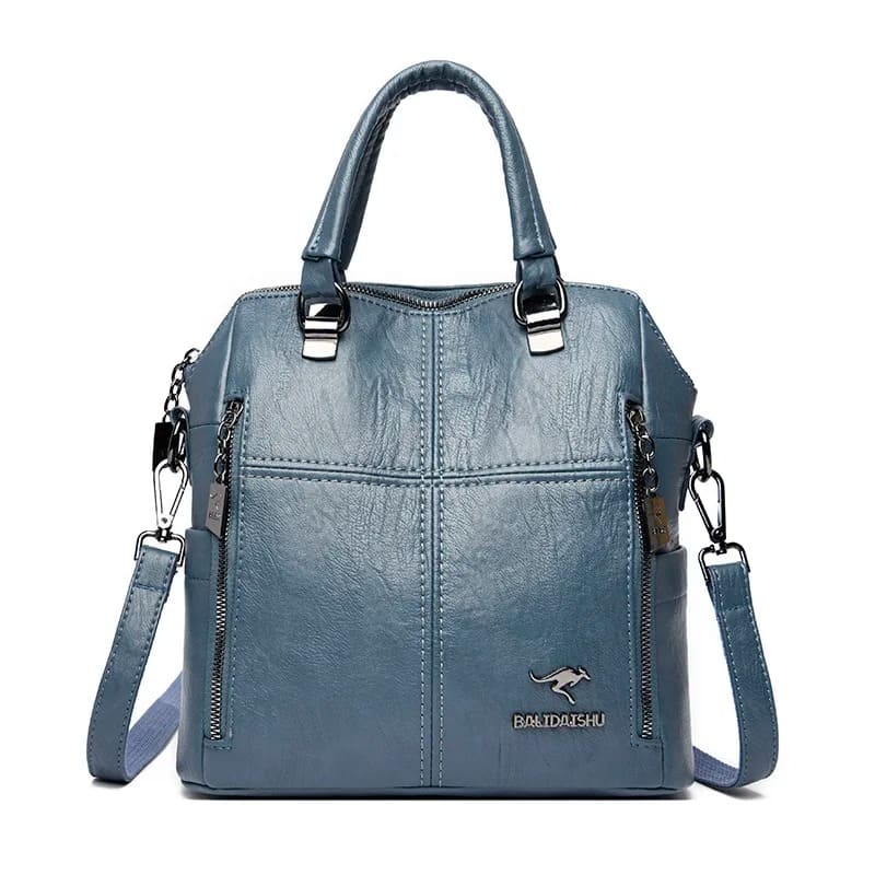 Detalhe compartimentos mochila feminina couro multifunções