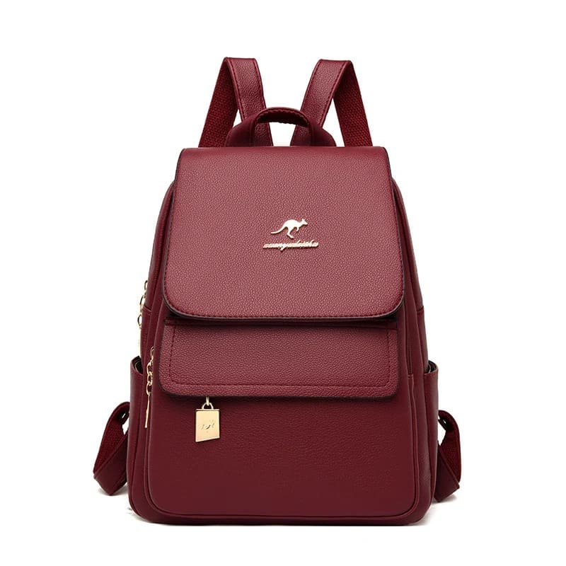 Mochila feminina couro ecológico — vista lateral múltiplos compartimentos