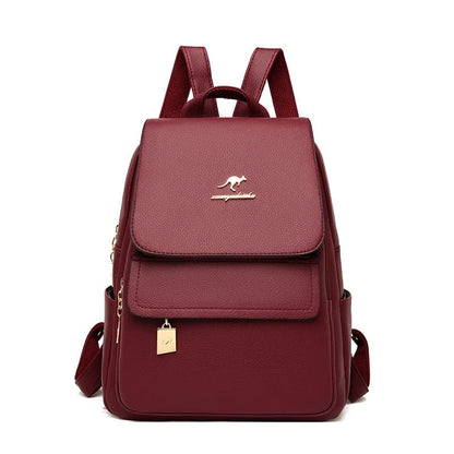 Mochila feminina couro ecológico — vista lateral múltiplos compartimentos