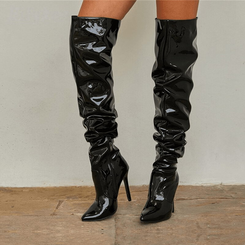 Bota Feminina Cano Longo Couro Salto Fino 11cm Modelo MUADDI Preta - Vista Principal - Lojas LA