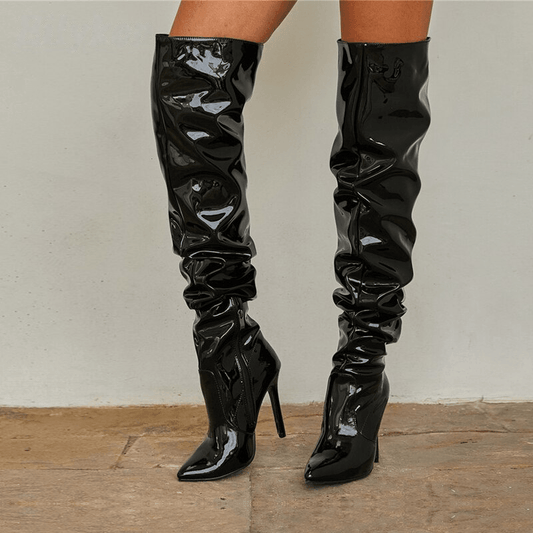 Bota Feminina Cano Longo Couro Salto Fino 11cm Modelo MUADDI Preta - Vista Principal - Lojas LA