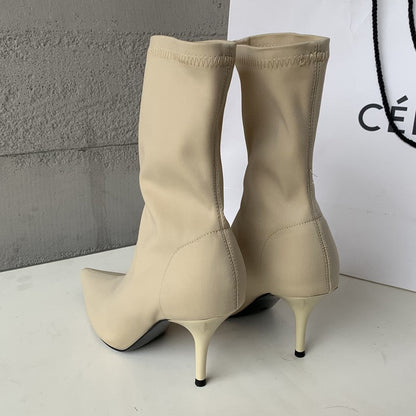 Bota De Salto Alto Em Tecido Elástico Modelo DAYARA - Versão Nude - Lojas LA