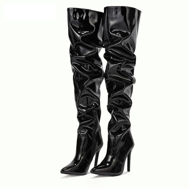 Bota Feminina Cano Longo Couro Salto Fino 11cm Modelo MUADDI Colorida - Versão Preta - Lojas LA