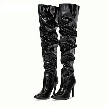 Bota Feminina Cano Longo Couro Salto Fino 11cm Modelo MUADDI Colorida - Versão Preta - Lojas LA